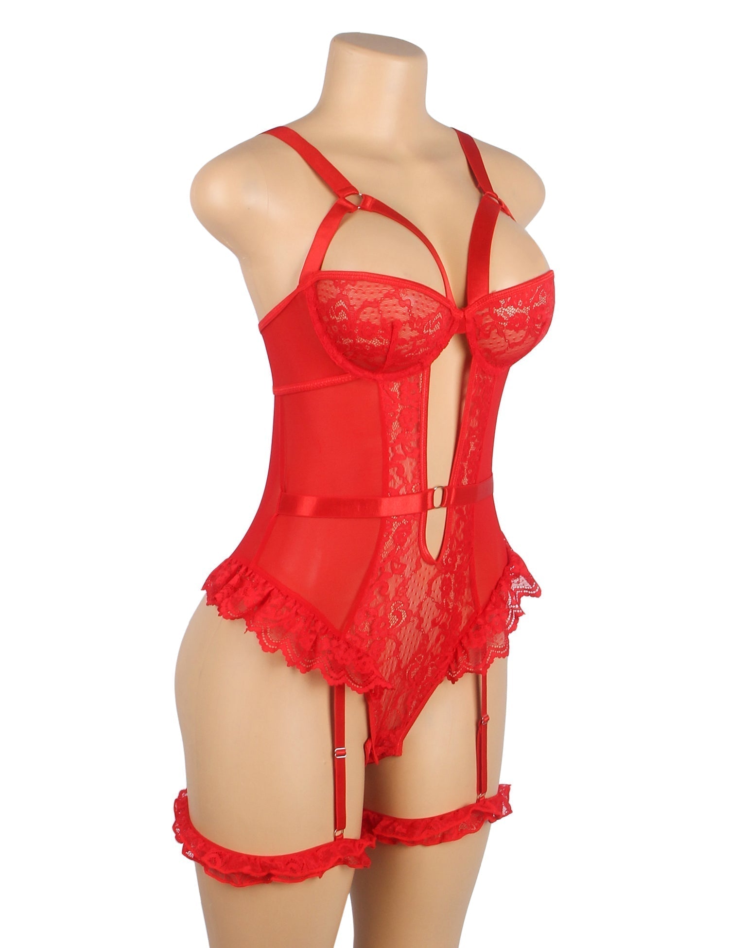 Red Mesh & Lace Teddy with Ruffle Leg Rings & Hollow Back - TeaseFashion