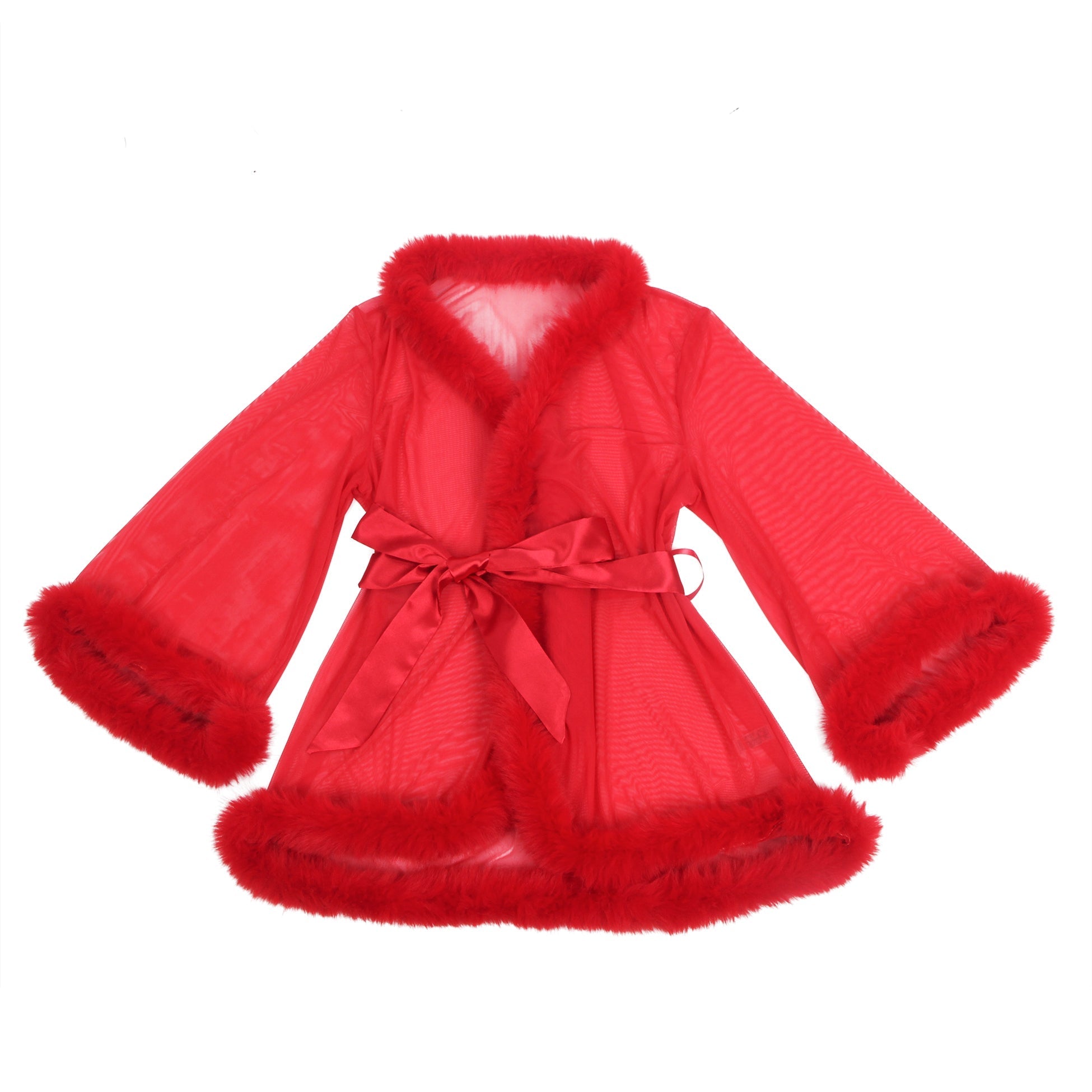 Red Mesh & Mink Fur Trim Short Robe – Long Sleeves & Satin Belt - TeaseFashion