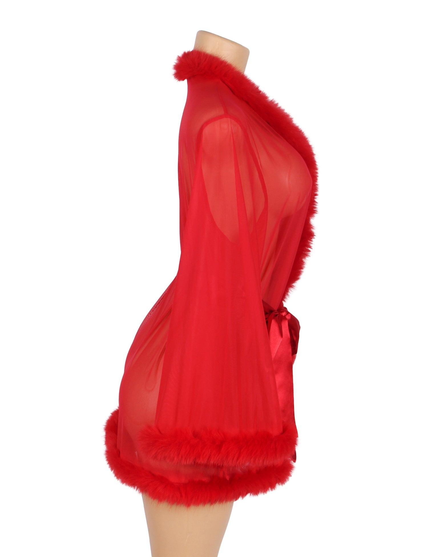Red Mesh & Mink Fur Trim Short Robe – Long Sleeves & Satin Belt - TeaseFashion