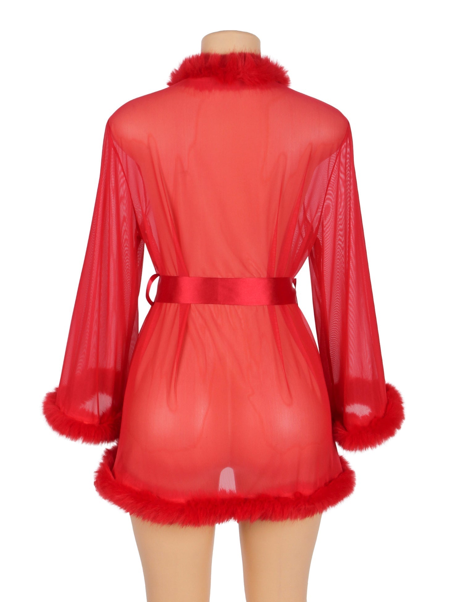 Red Mesh & Mink Fur Trim Short Robe – Long Sleeves & Satin Belt - TeaseFashion