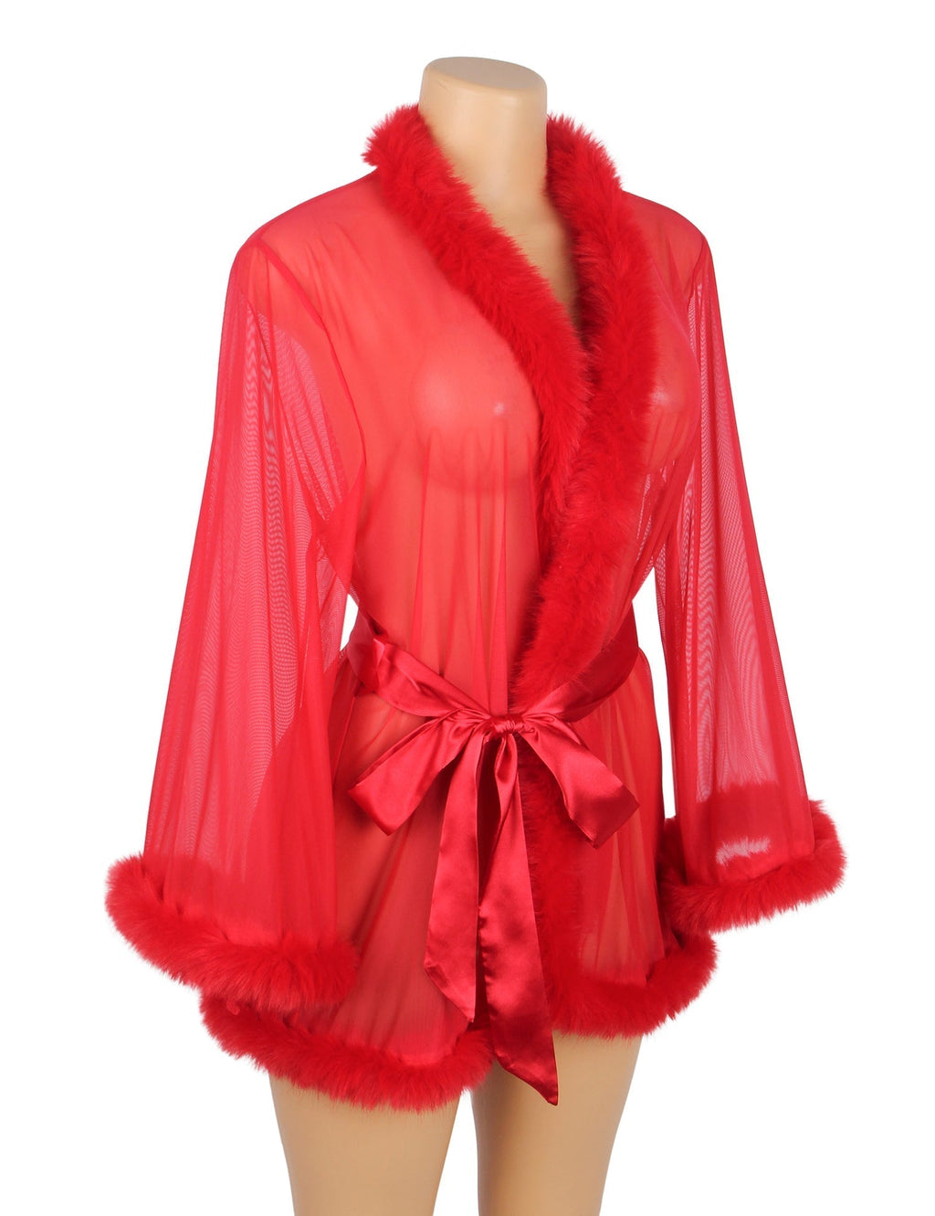 Red Mesh & Mink Fur Trim Short Robe – Long Sleeves & Satin Belt - TeaseFashion