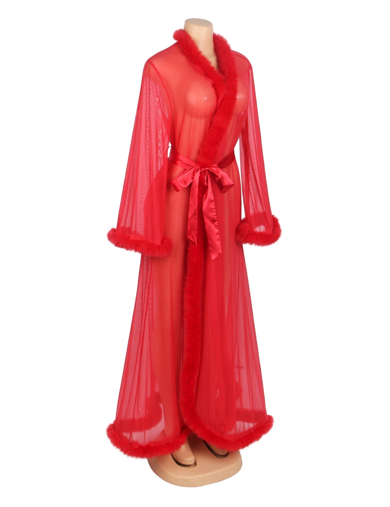 Red Mesh Robe – Faux Mink Fur Trim, Long Sleeve, Floor - Length & Silk Belt - TeaseFashion