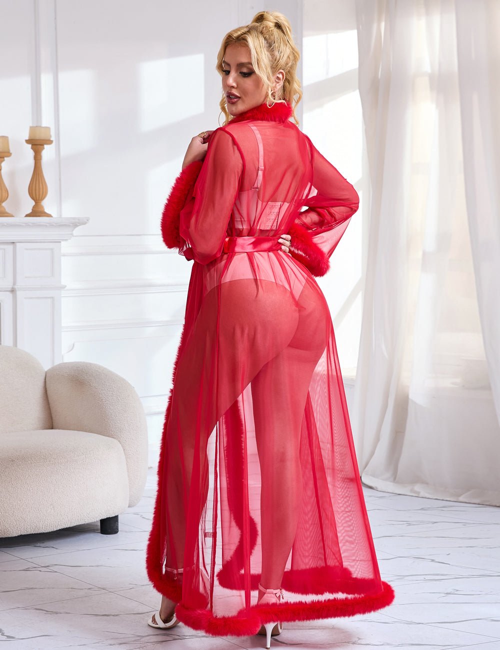 Red Mesh Robe – Faux Mink Fur Trim, Long Sleeve, Floor - Length & Silk Belt - TeaseFashion