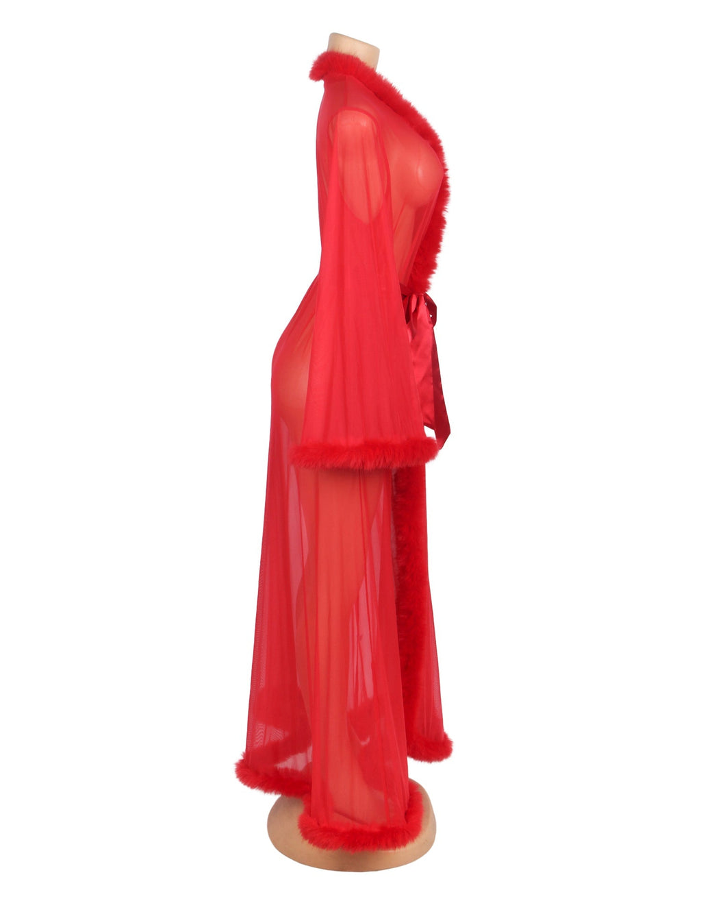 Red Mesh Robe – Faux Mink Fur Trim, Long Sleeve, Floor - Length & Silk Belt - TeaseFashion