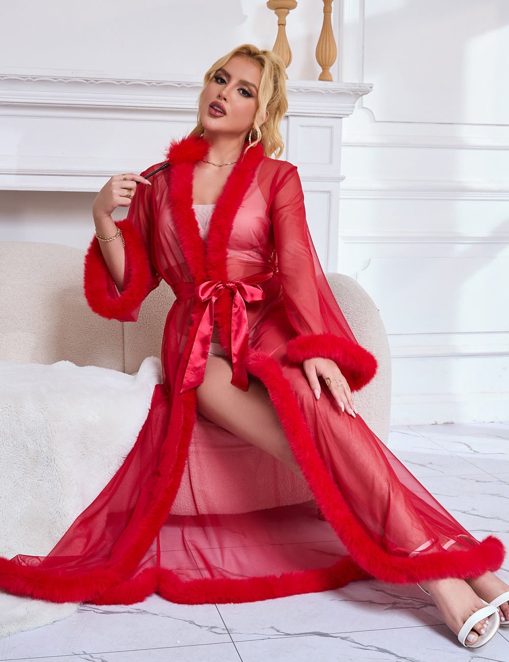 Red Mesh Robe – Faux Mink Fur Trim, Long Sleeve, Floor - Length & Silk Belt - TeaseFashion