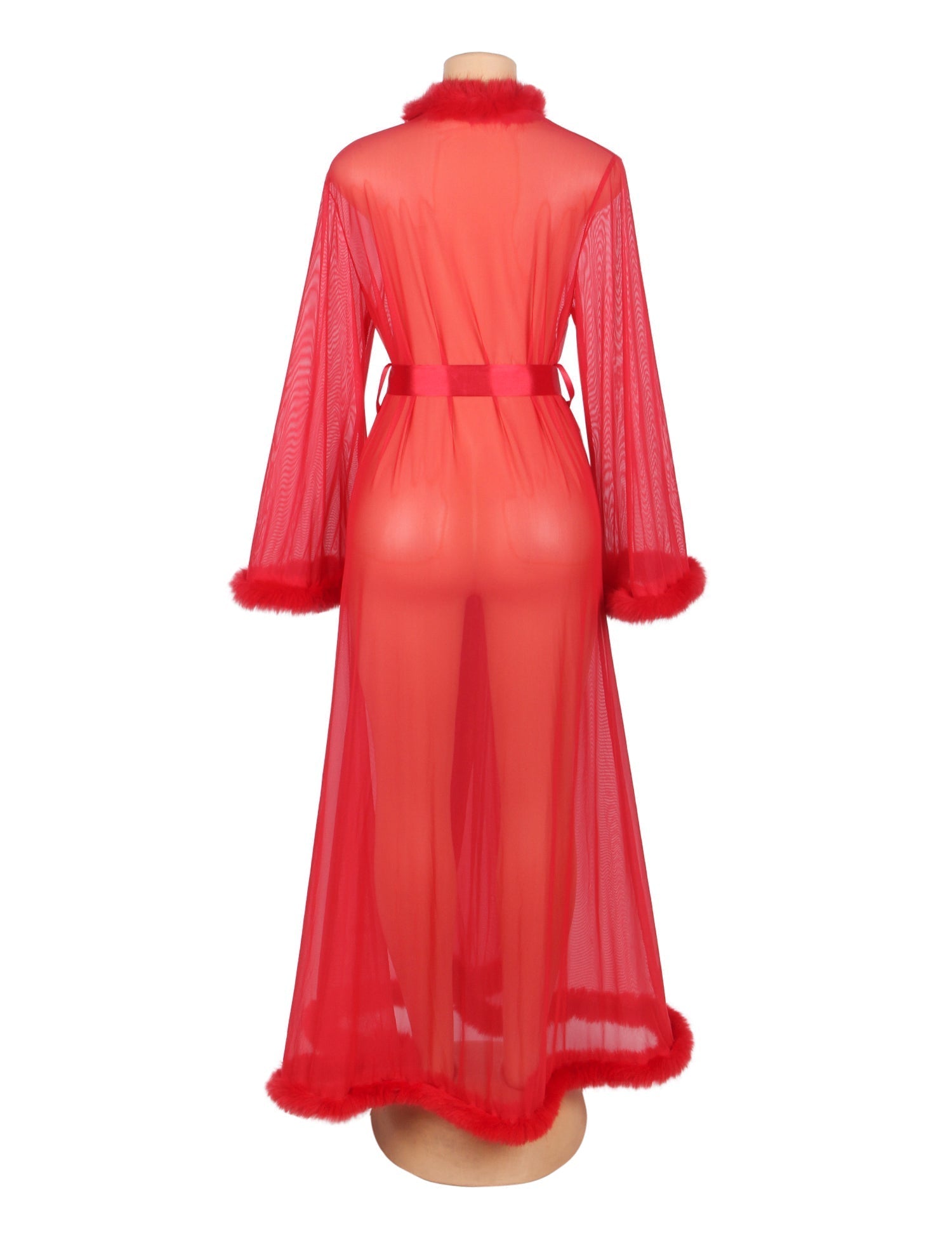 Red Mesh Robe – Faux Mink Fur Trim, Long Sleeve, Floor - Length & Silk Belt - TeaseFashion