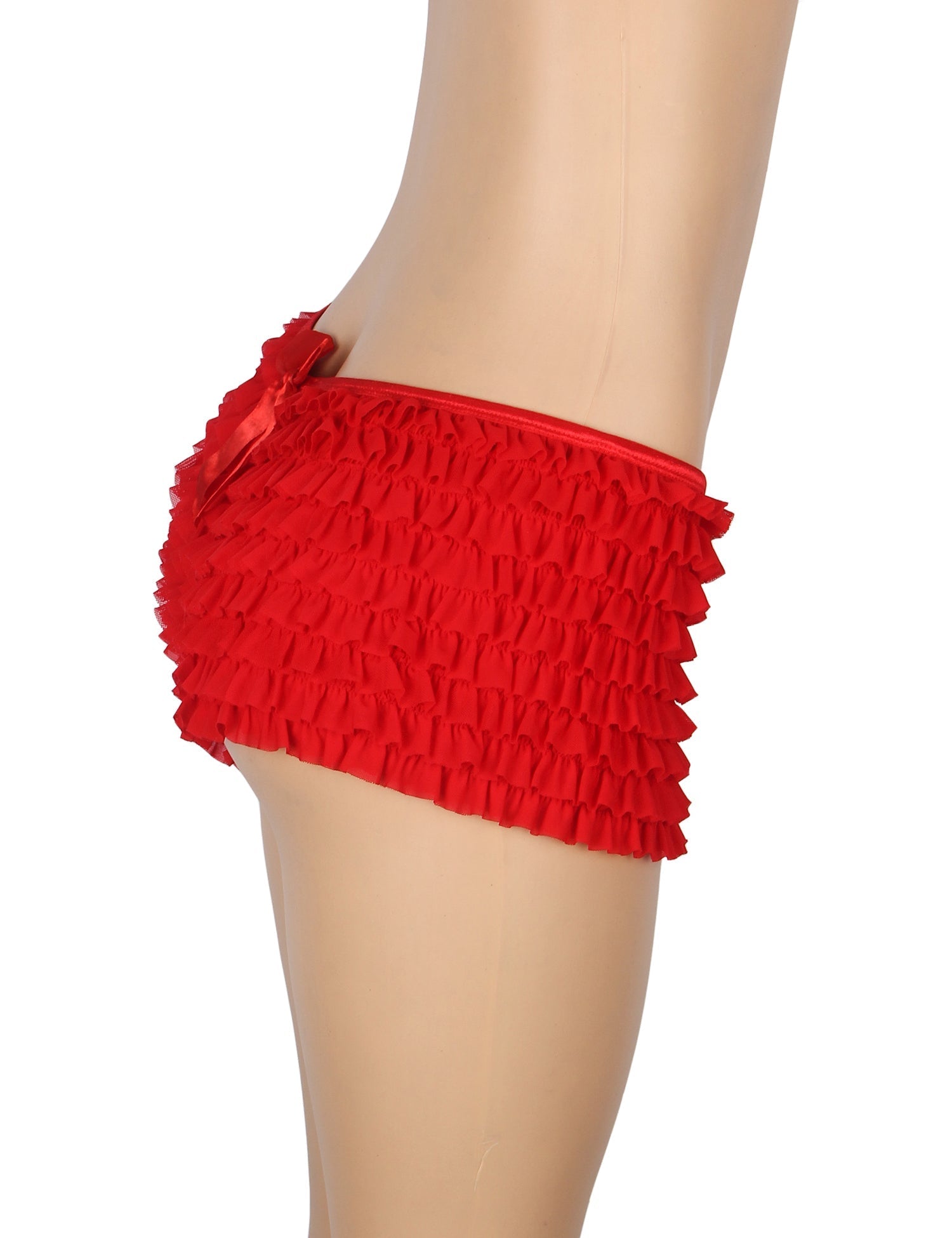 Red Mesh Ruffle Brief with Bow Detail & Swim - Fabric Lining - TeaseFashion