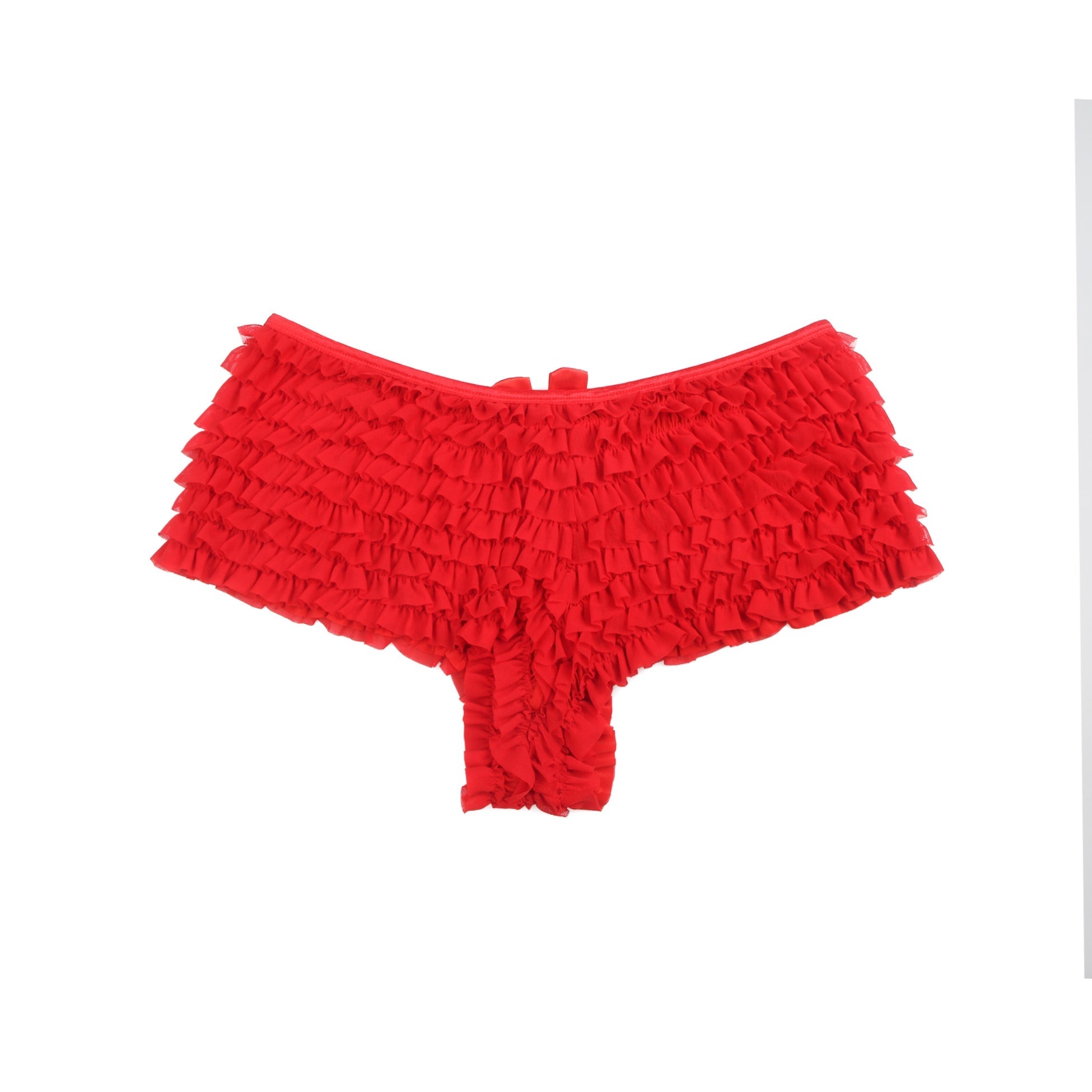 Red Mesh Ruffle Brief with Bow Detail & Swim - Fabric Lining - TeaseFashion