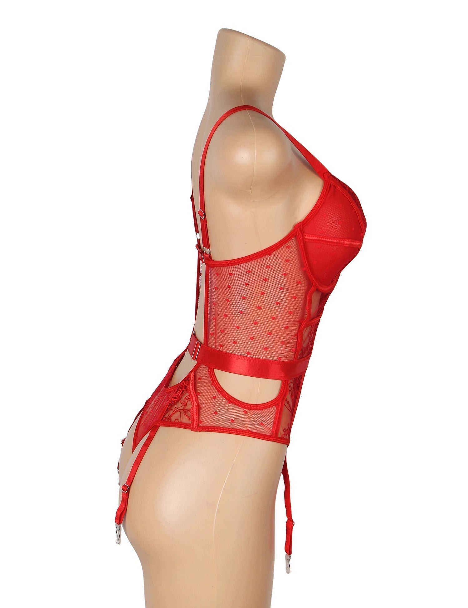 Red Mesh Teddy with 3D Embroidery & Backless Garter - TeaseFashion