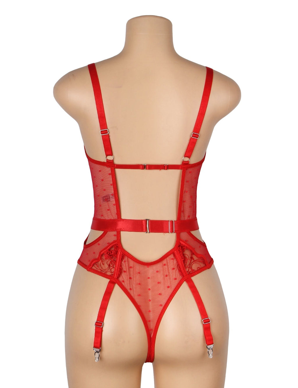 Red Mesh Teddy with 3D Embroidery & Backless Garter - TeaseFashion