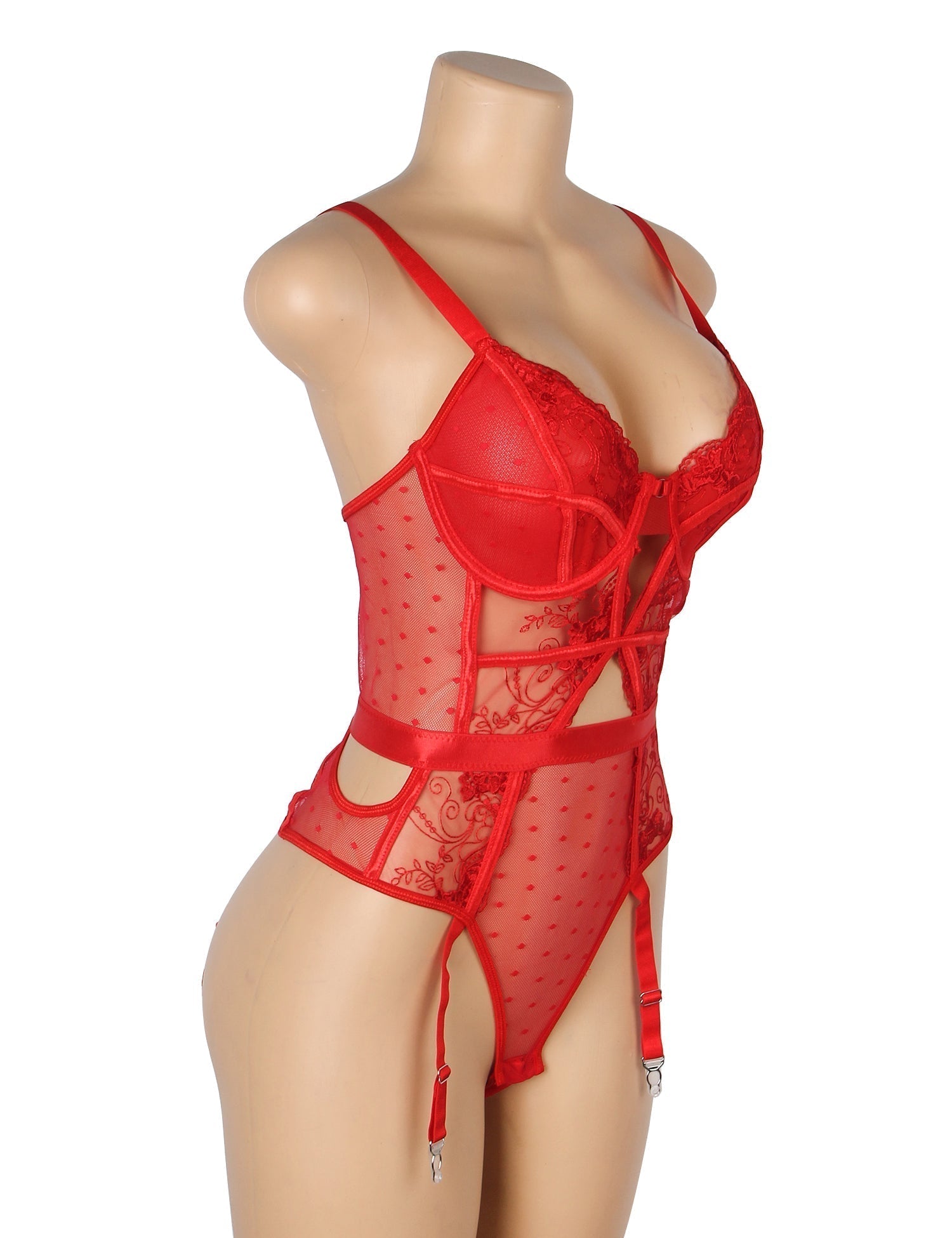 Red Mesh Teddy with 3D Embroidery & Backless Garter - TeaseFashion