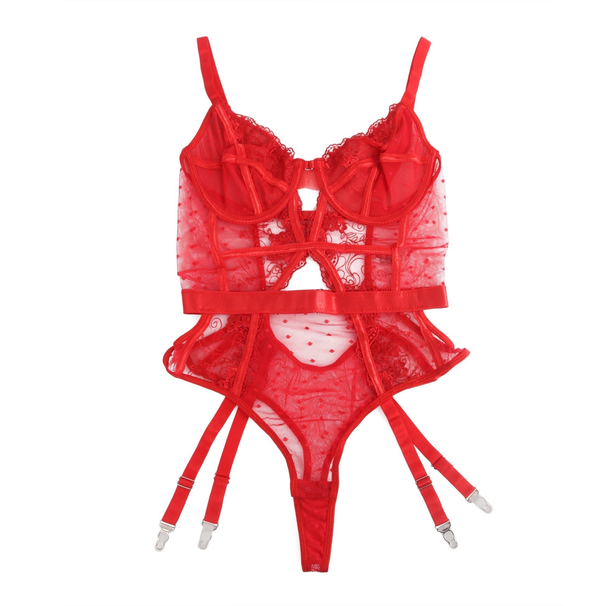 Red Mesh Teddy with 3D Embroidery & Backless Garter - TeaseFashion