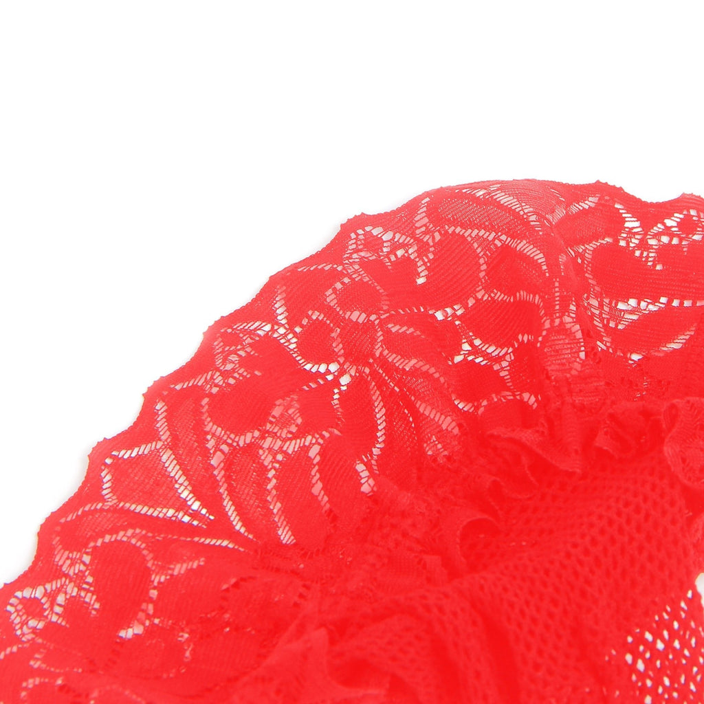 Red Mesh Thigh - High Stockings with Vintage Lace Top & Silicone Stay - Up Grip - TeaseFashion