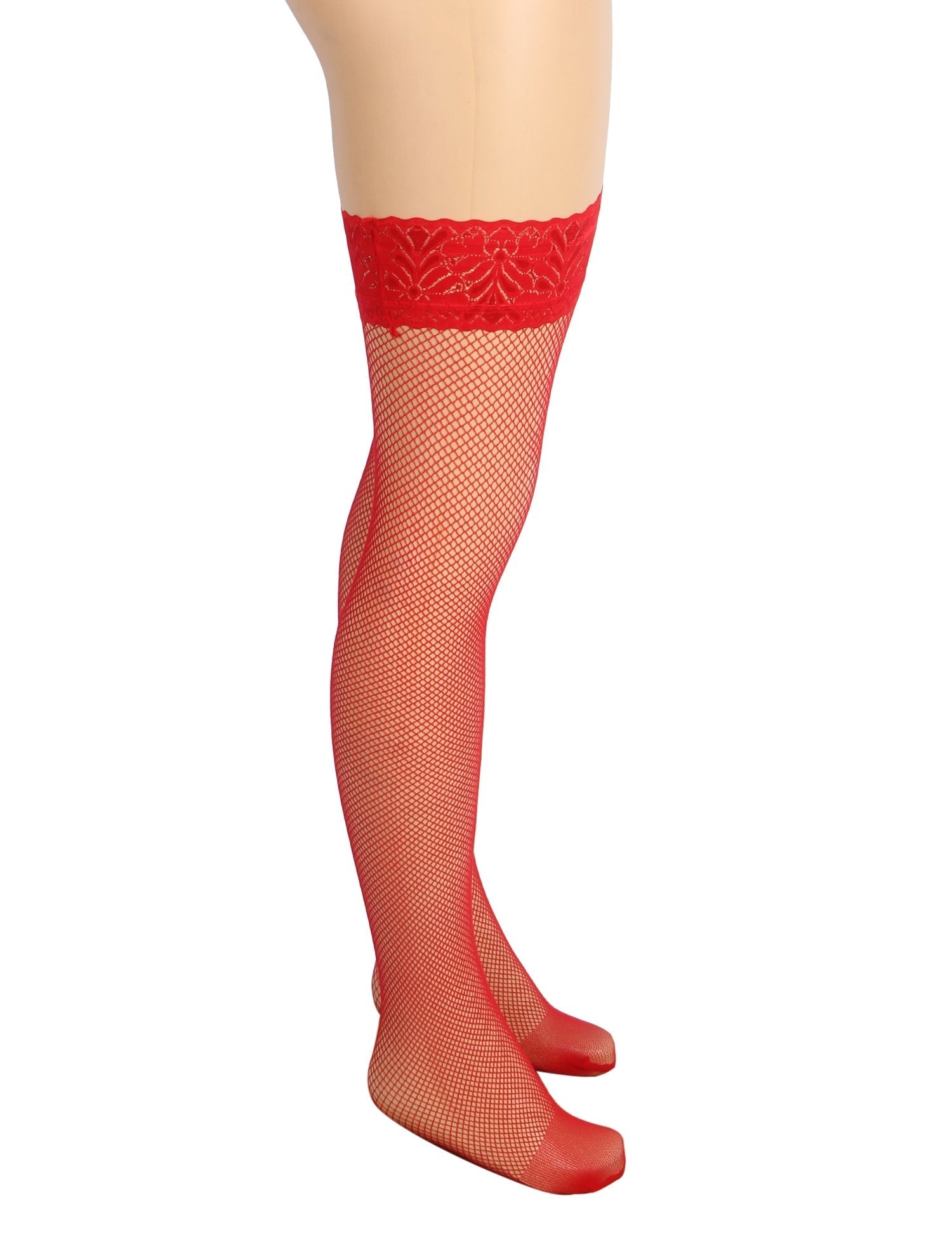 Red Mesh Thigh - High Stockings with Vintage Lace Top & Silicone Stay - Up Grip - TeaseFashion