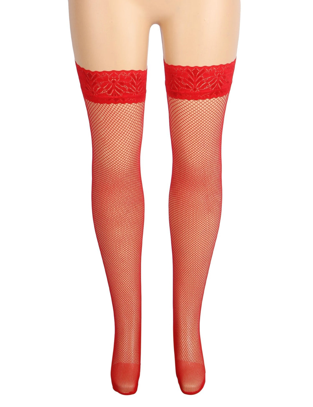 Red Mesh Thigh - High Stockings with Vintage Lace Top & Silicone Stay - Up Grip - TeaseFashion