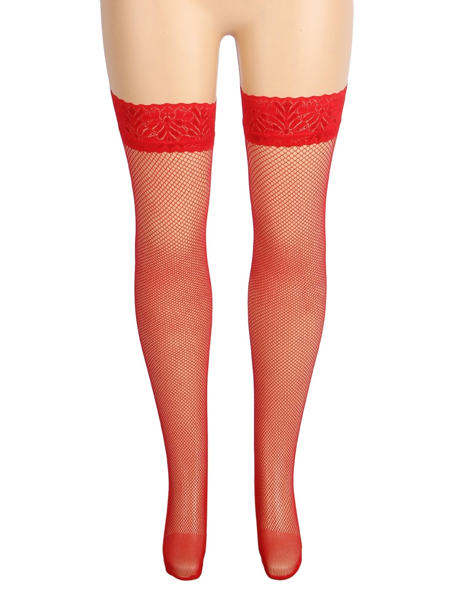 Red Mesh Thigh - High Stockings with Vintage Lace Top & Silicone Stay - Up Grip - TeaseFashion