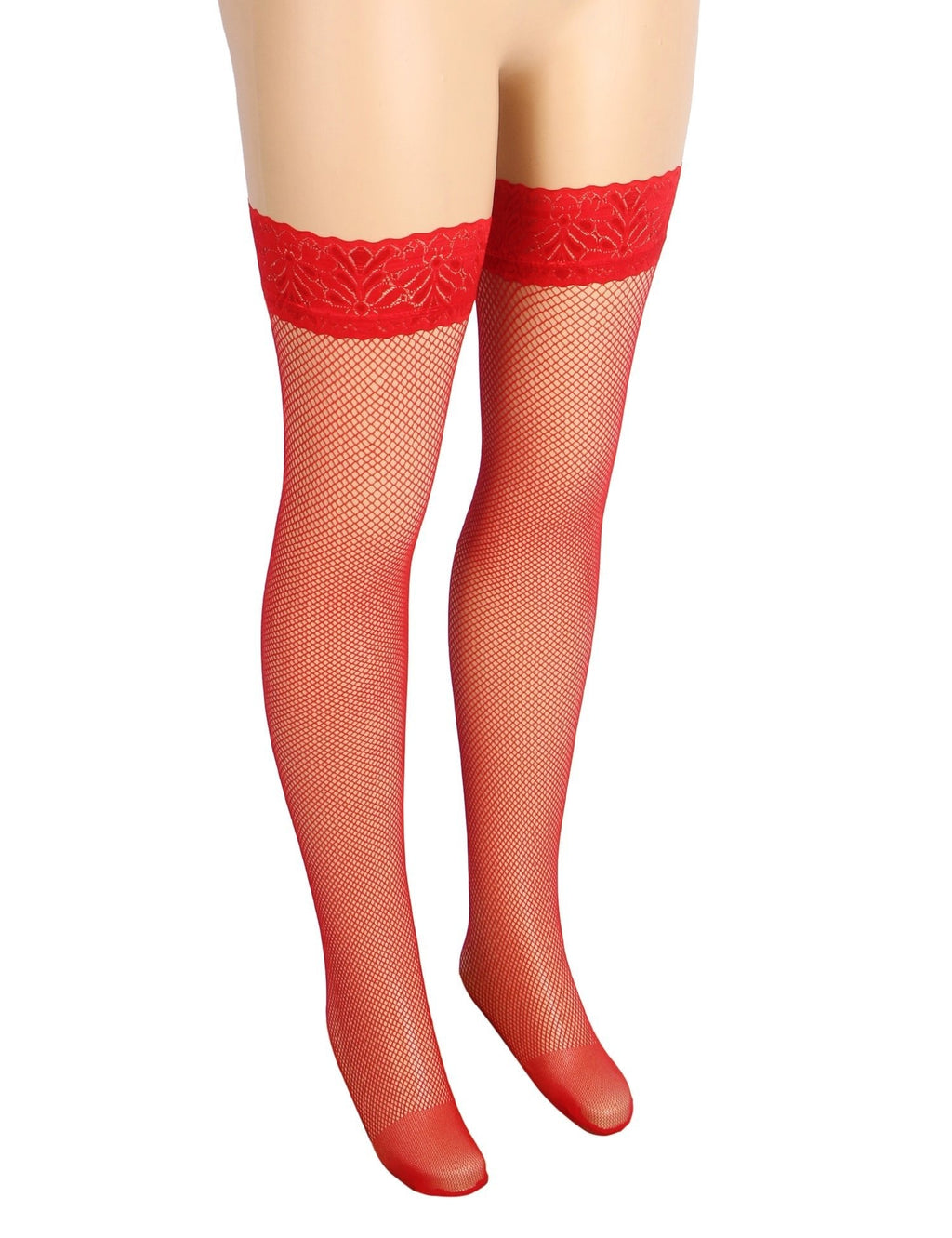 Red Mesh Thigh - High Stockings with Vintage Lace Top & Silicone Stay - Up Grip - TeaseFashion