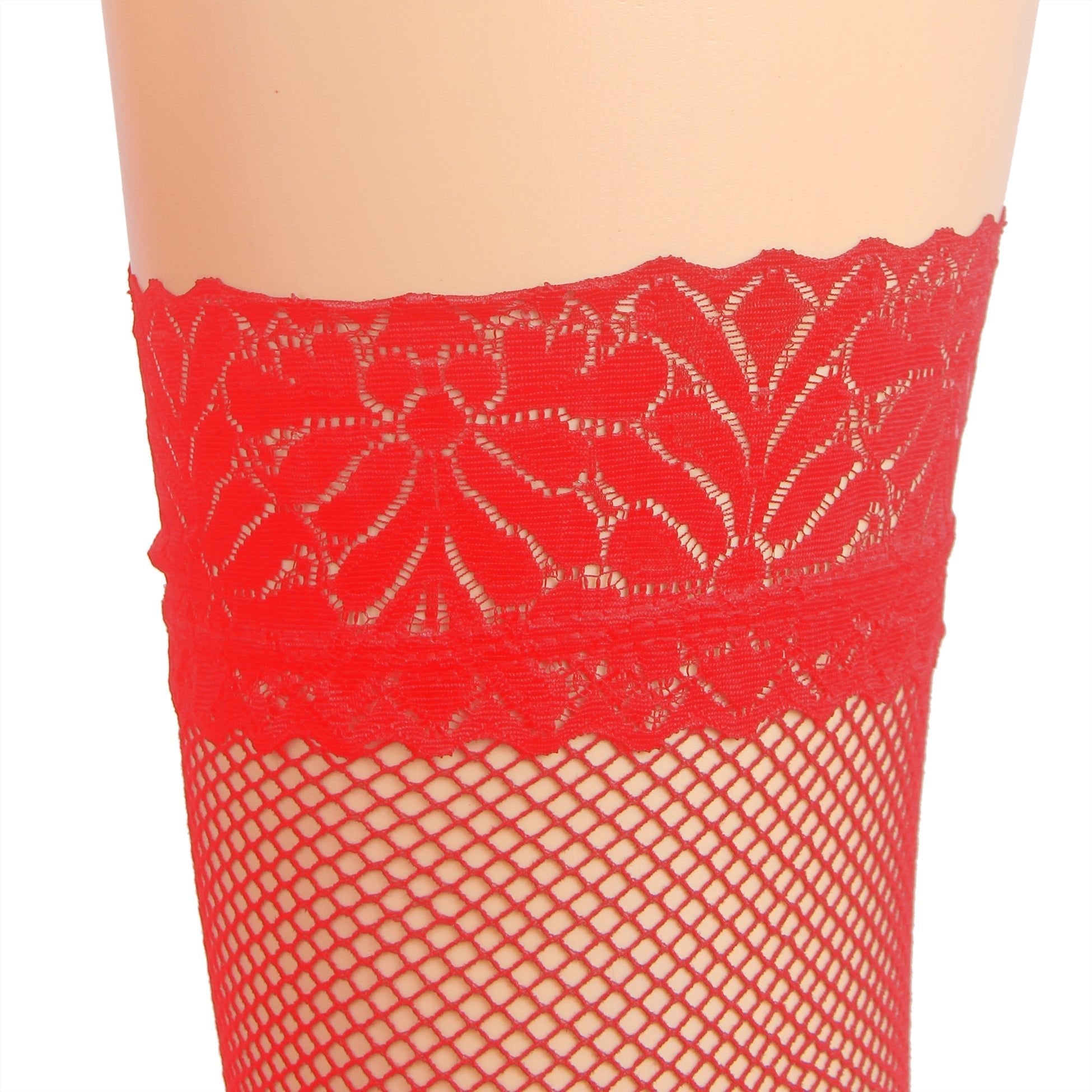 Red Mesh Thigh - High Stockings with Vintage Lace Top & Silicone Stay - Up Grip - TeaseFashion
