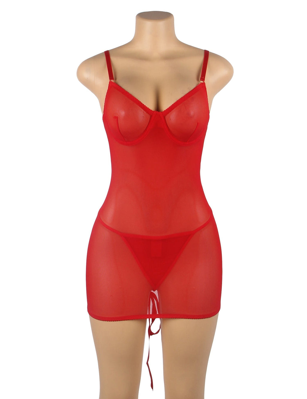 Red Mesh Underwired Babydoll with Lace - Up Hollow Back, Adjustable Straps & Thong Set - TeaseFashion