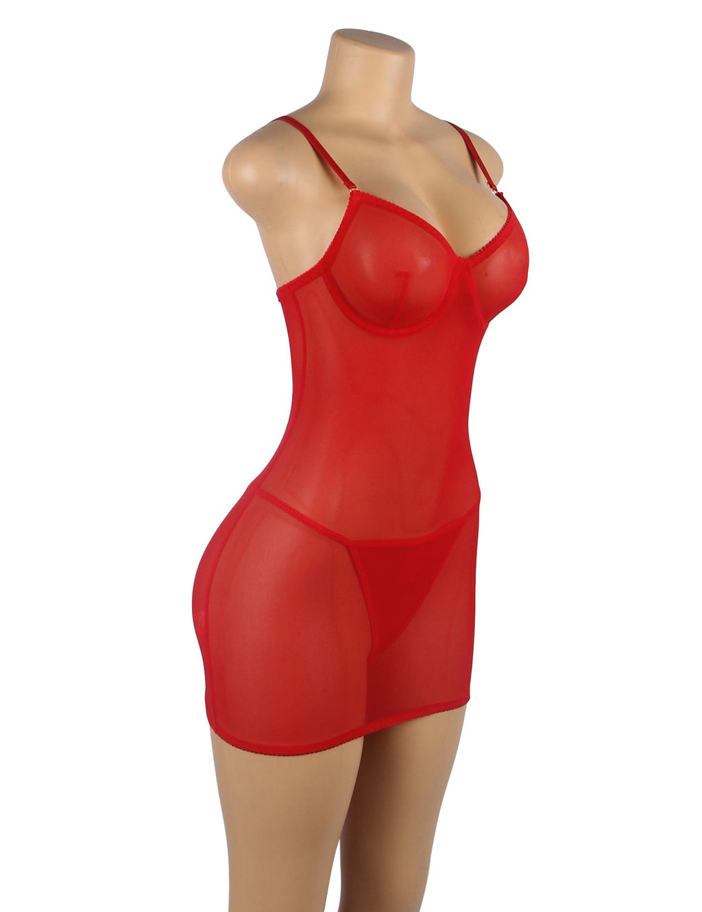 Red Mesh Underwired Babydoll with Lace - Up Hollow Back, Adjustable Straps & Thong Set - TeaseFashion
