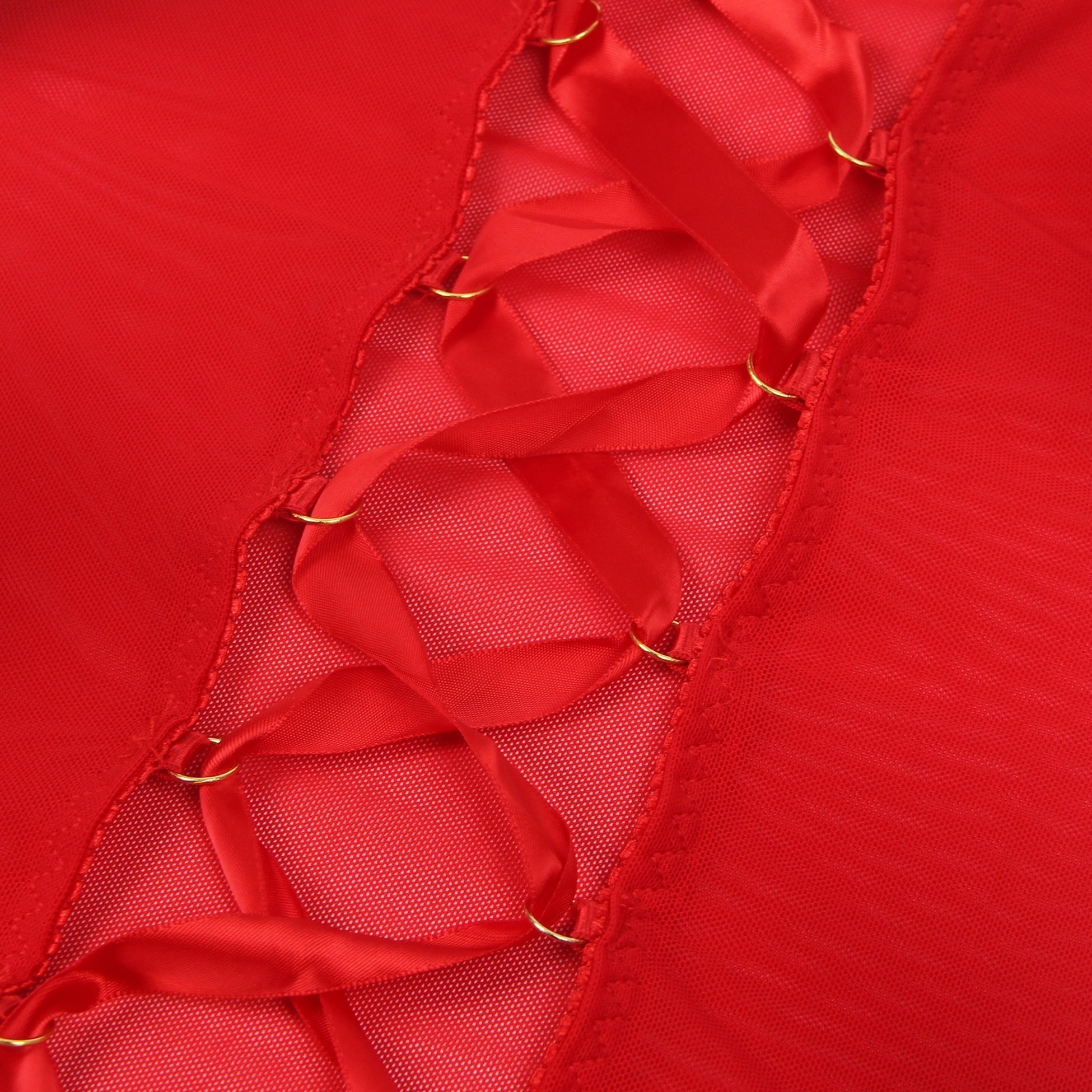 Red Mesh Underwired Babydoll with Lace - Up Hollow Back, Adjustable Straps & Thong Set - TeaseFashion