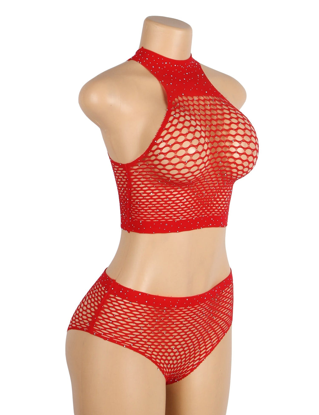 Red Mid - High Collar Rhinestone Bikini Top & Shorts Set - TeaseFashion