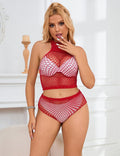 Red Mid - High Collar Rhinestone Bikini Top & Shorts Set - TeaseFashion