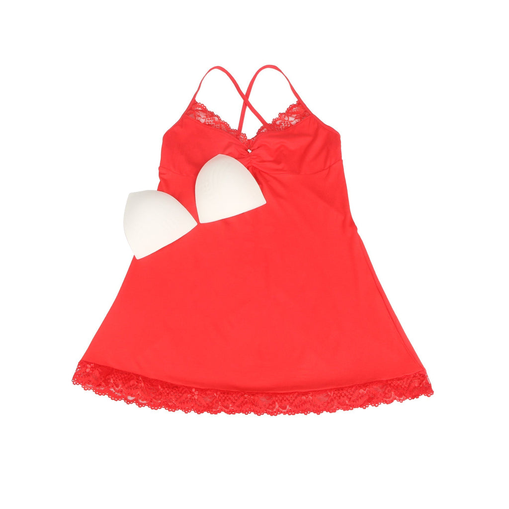 Red Modal Lace A - Line Nightgown – Rhinestone Ruffle, Crossover Back & Removable Pads - TeaseFashion