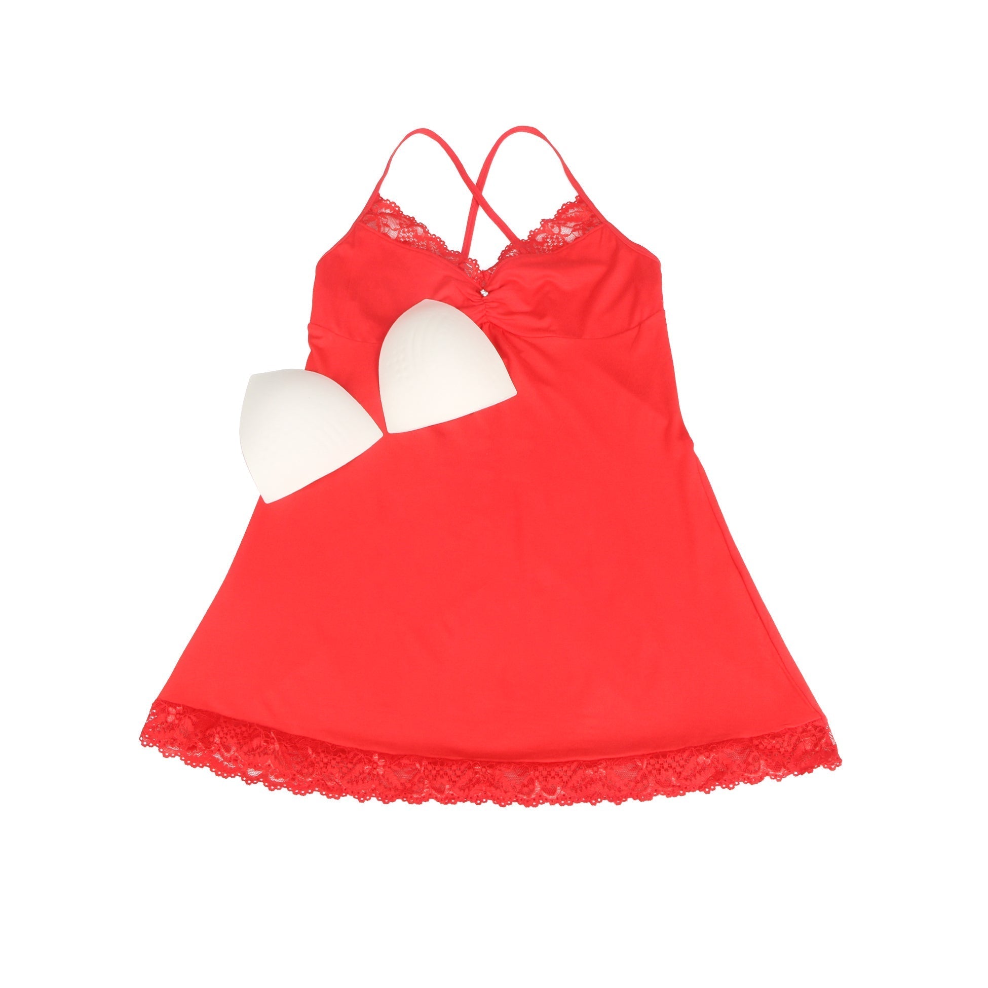Red Modal Lace A - Line Nightgown – Rhinestone Ruffle, Crossover Back & Removable Pads - TeaseFashion