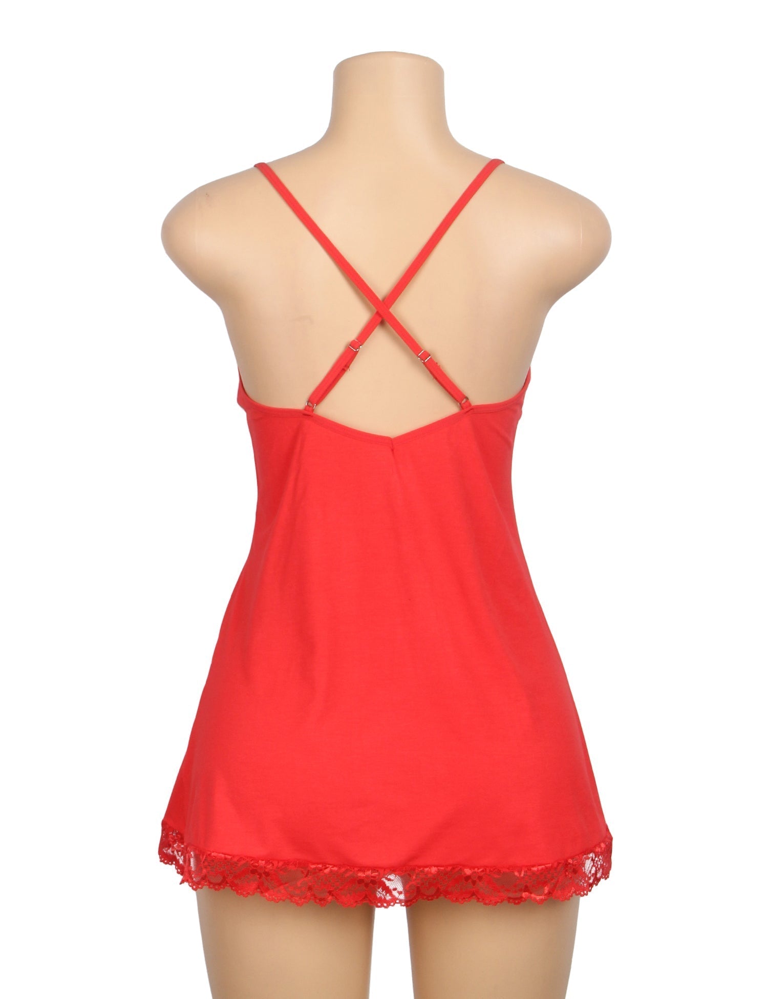 Red Modal Lace A - Line Nightgown – Rhinestone Ruffle, Crossover Back & Removable Pads - TeaseFashion