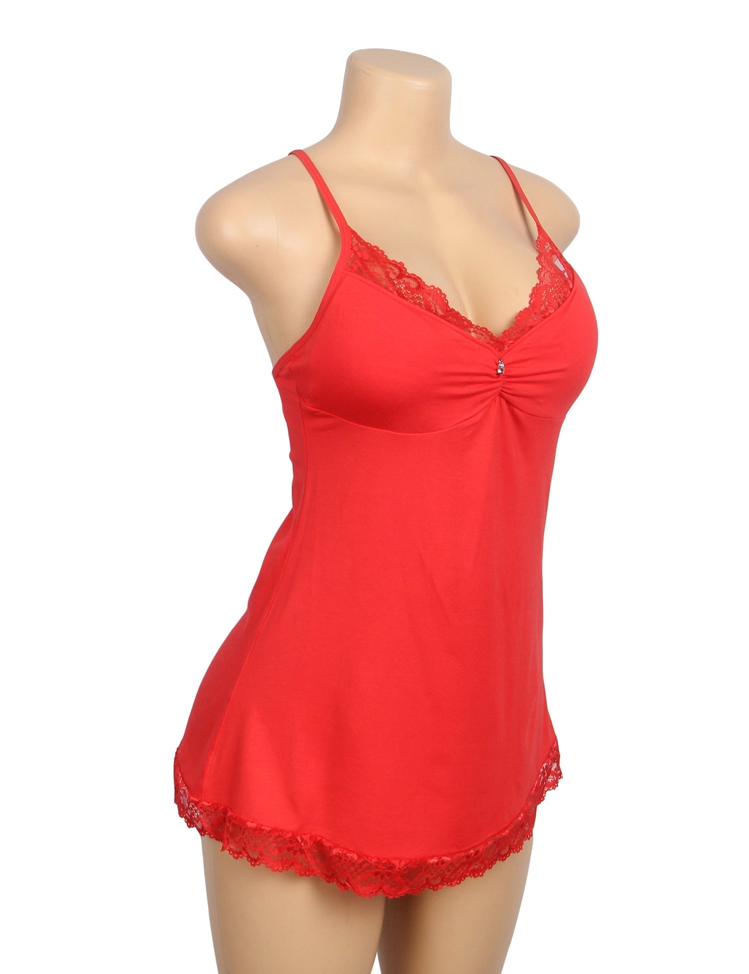 Red Modal Lace A - Line Nightgown – Rhinestone Ruffle, Crossover Back & Removable Pads - TeaseFashion