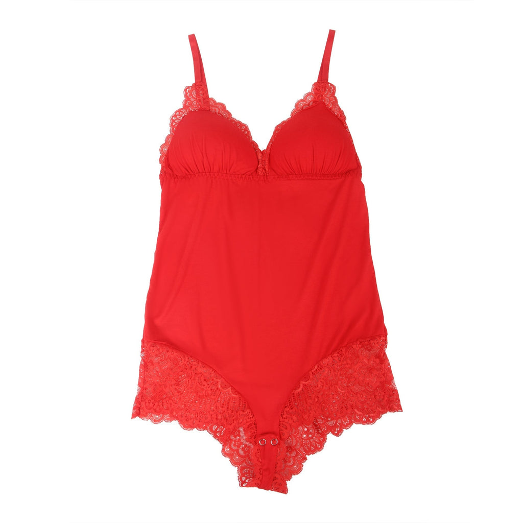 Red Modal Lace Bodysuit – Open - Buckle Crotch, Hip & Chest Lace Splicing & Removable Pads - TeaseFashion