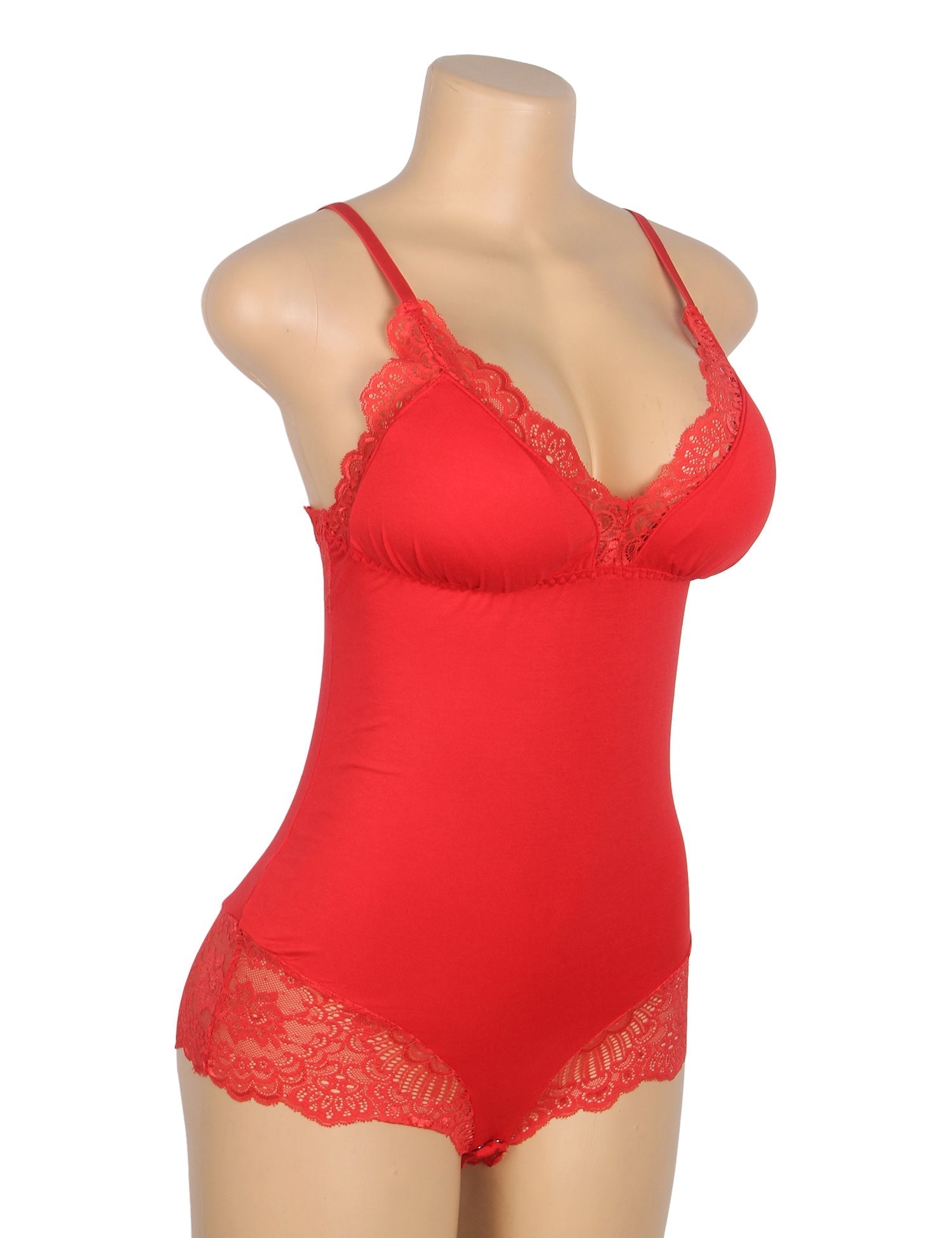 Red Modal Lace Bodysuit – Open - Buckle Crotch, Hip & Chest Lace Splicing & Removable Pads - TeaseFashion