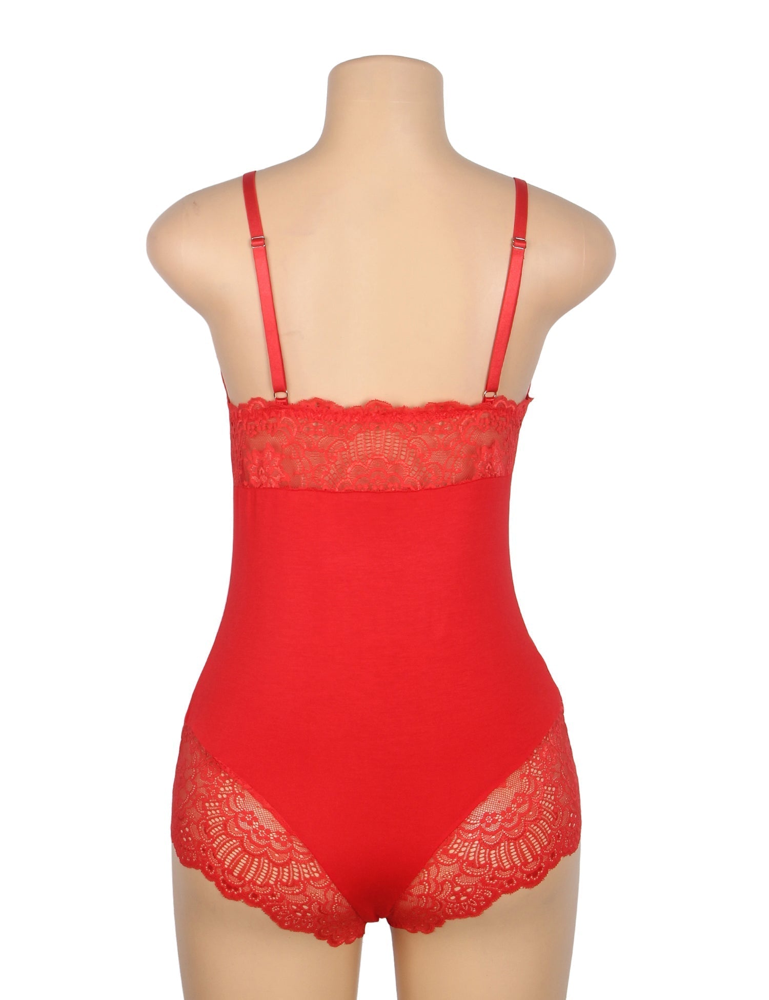 Red Modal Lace Bodysuit – Open - Buckle Crotch, Hip & Chest Lace Splicing & Removable Pads - TeaseFashion