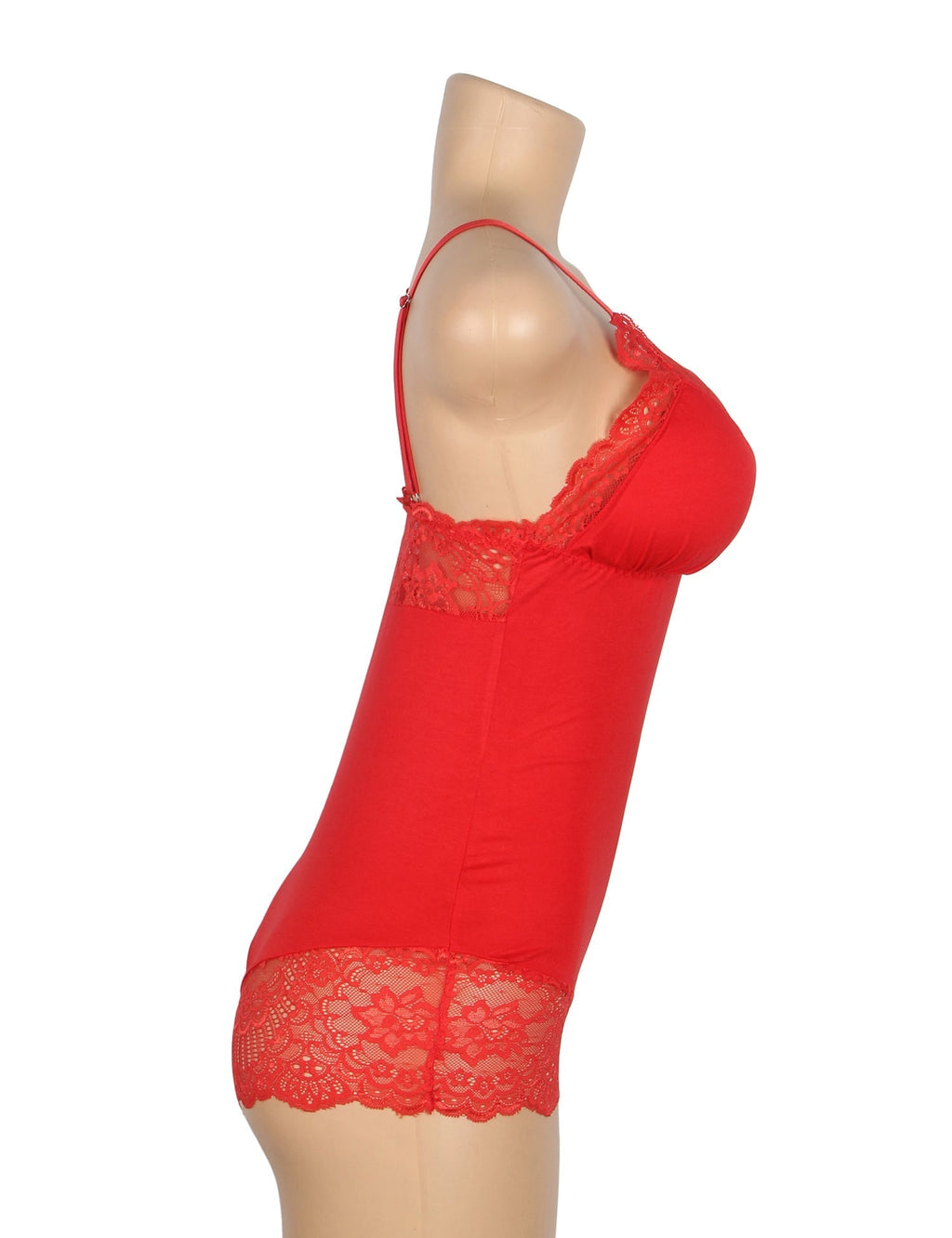 Red Modal Lace Bodysuit – Open - Buckle Crotch, Hip & Chest Lace Splicing & Removable Pads - TeaseFashion