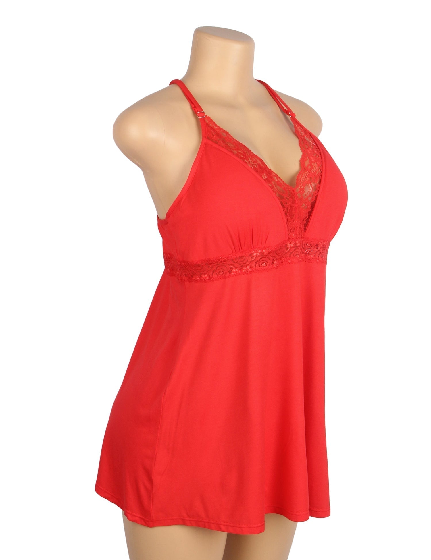Red Modal Lace Deep V - Neck Nightdress – Spliced Lace Waistband & Flared Skirt - TeaseFashion