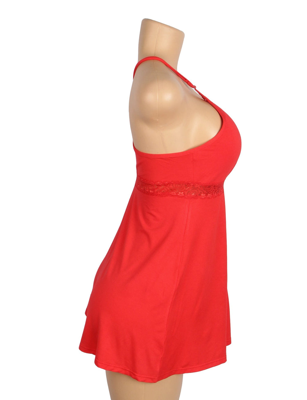 Red Modal Lace Deep V - Neck Nightdress – Spliced Lace Waistband & Flared Skirt - TeaseFashion