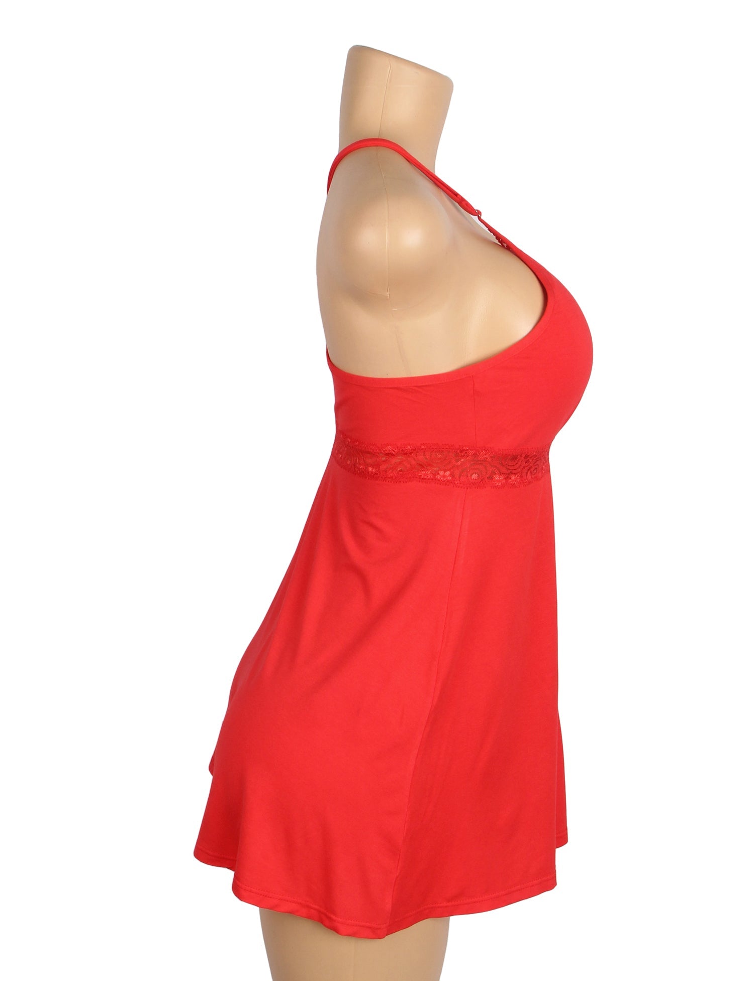 Red Modal Lace Deep V - Neck Nightdress – Spliced Lace Waistband & Flared Skirt - TeaseFashion