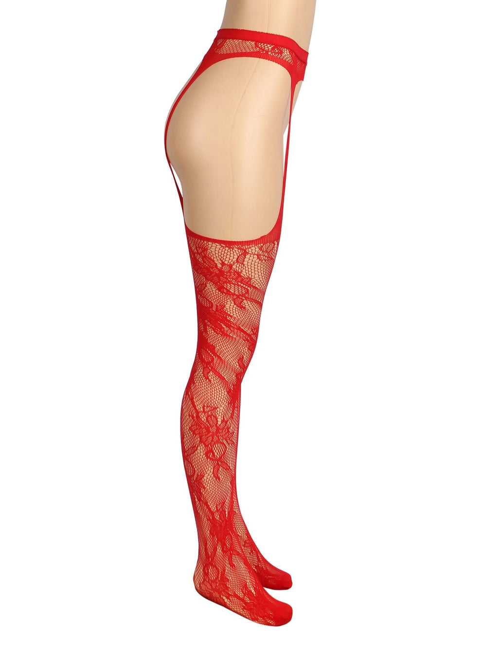 Red Nylon Floral Fishnet Garter - Style Tights – Wide Elastic Waistband & Open - Crotch Design - TeaseFashion
