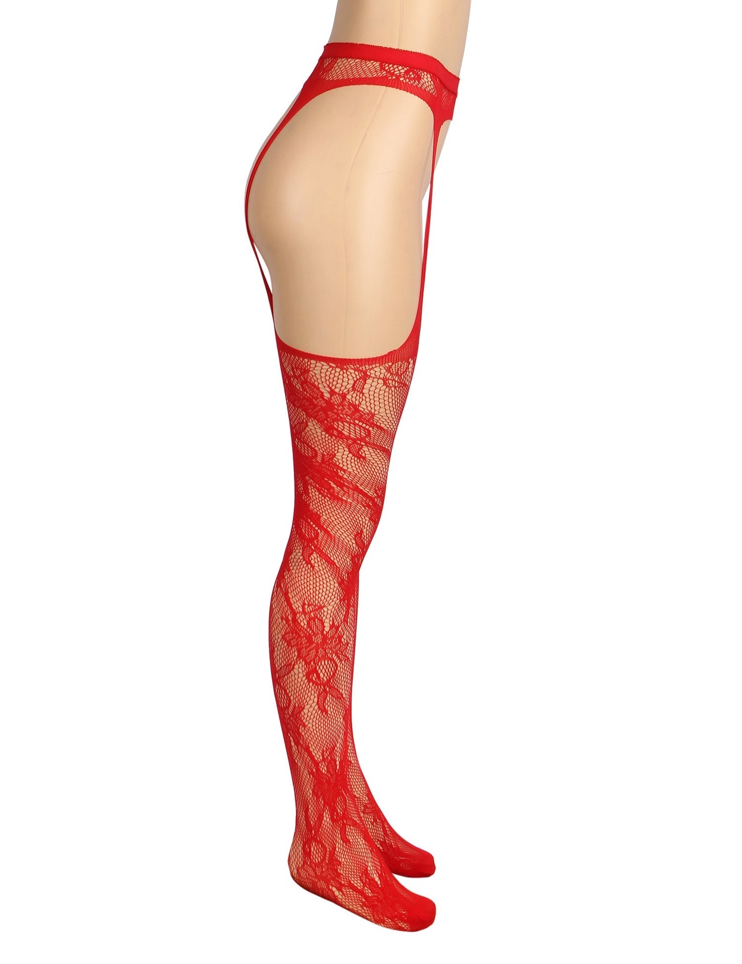 Red Nylon Floral Fishnet Garter - Style Tights – Wide Elastic Waistband & Open - Crotch Design - TeaseFashion