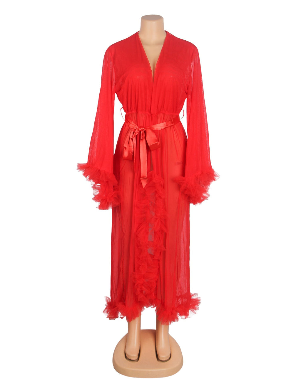 Red Nylon Mesh Robe – 3D Ruffle Cuffs & Hem, Ankle Length, Flared Sleeves & Waist Belt - TeaseFashion