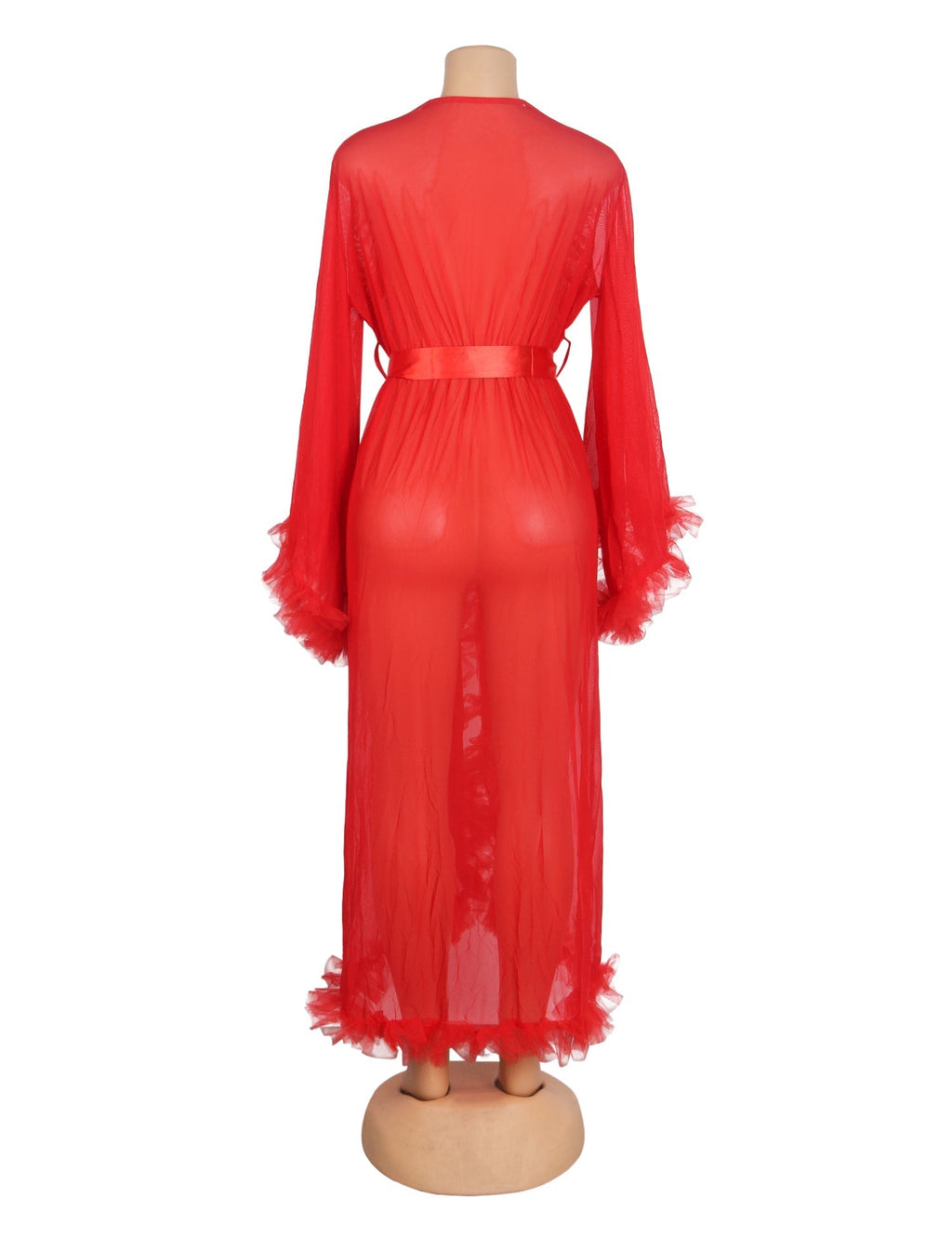 Red Nylon Mesh Robe – 3D Ruffle Cuffs & Hem, Ankle Length, Flared Sleeves & Waist Belt - TeaseFashion