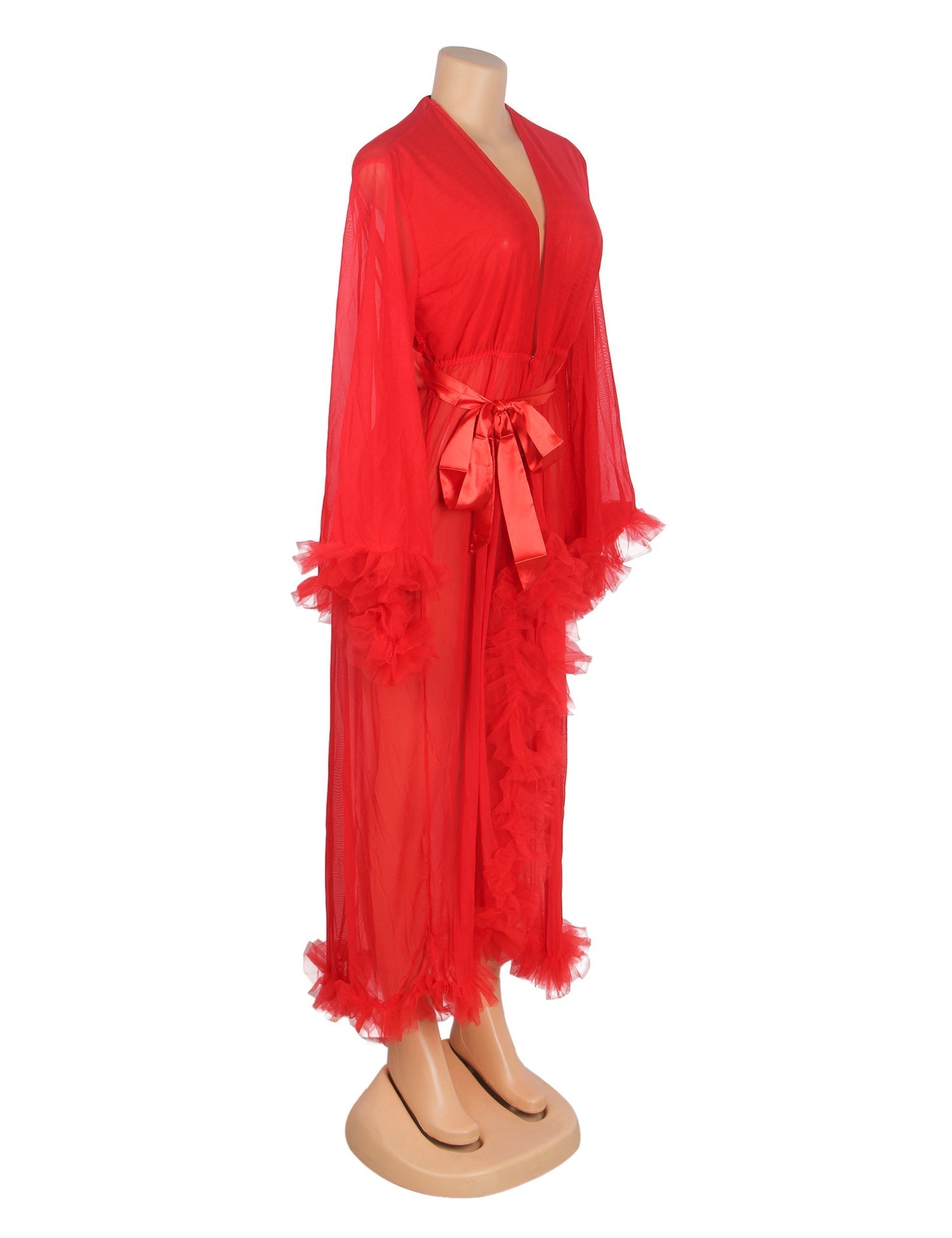Red Nylon Mesh Robe – 3D Ruffle Cuffs & Hem, Ankle Length, Flared Sleeves & Waist Belt - TeaseFashion