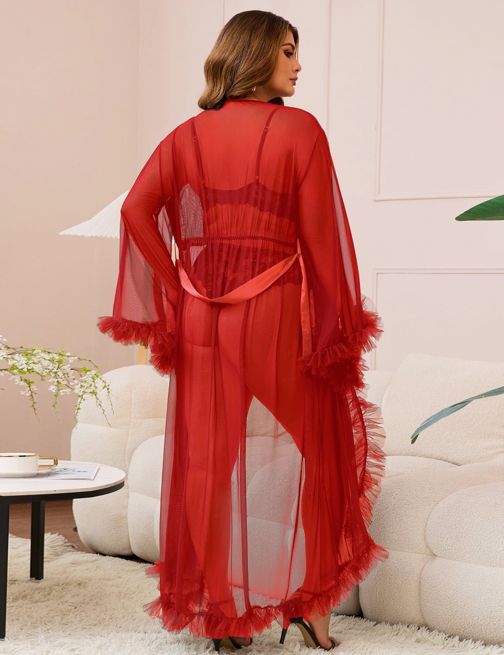 Red Nylon Mesh Robe – 3D Ruffle Cuffs & Hem, Ankle Length, Flared Sleeves & Waist Belt - TeaseFashion