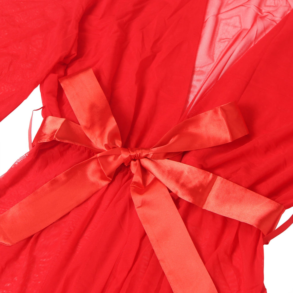 Red Nylon Mesh Robe – 3D Ruffle Cuffs & Hem, Ankle Length, Flared Sleeves & Waist Belt - TeaseFashion