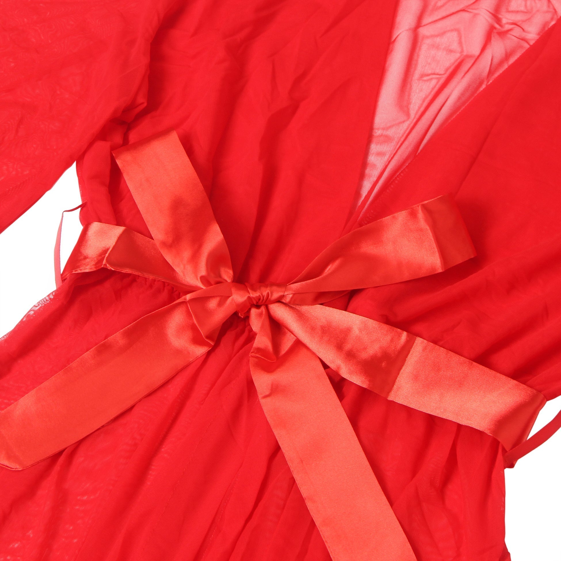 Red Nylon Mesh Robe – 3D Ruffle Cuffs & Hem, Ankle Length, Flared Sleeves & Waist Belt - TeaseFashion