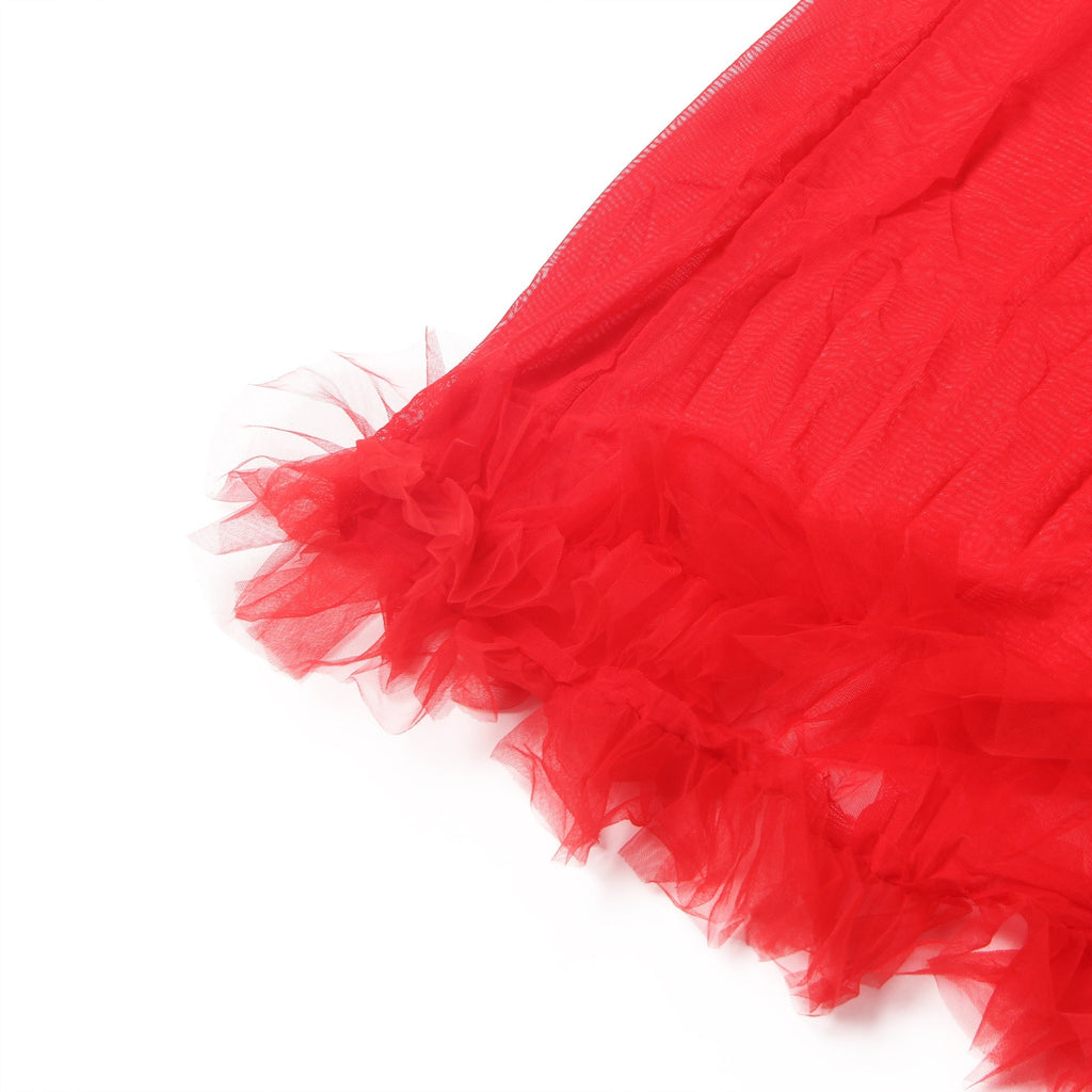Red Nylon Mesh Robe – 3D Ruffle Cuffs & Hem, Ankle Length, Flared Sleeves & Waist Belt - TeaseFashion