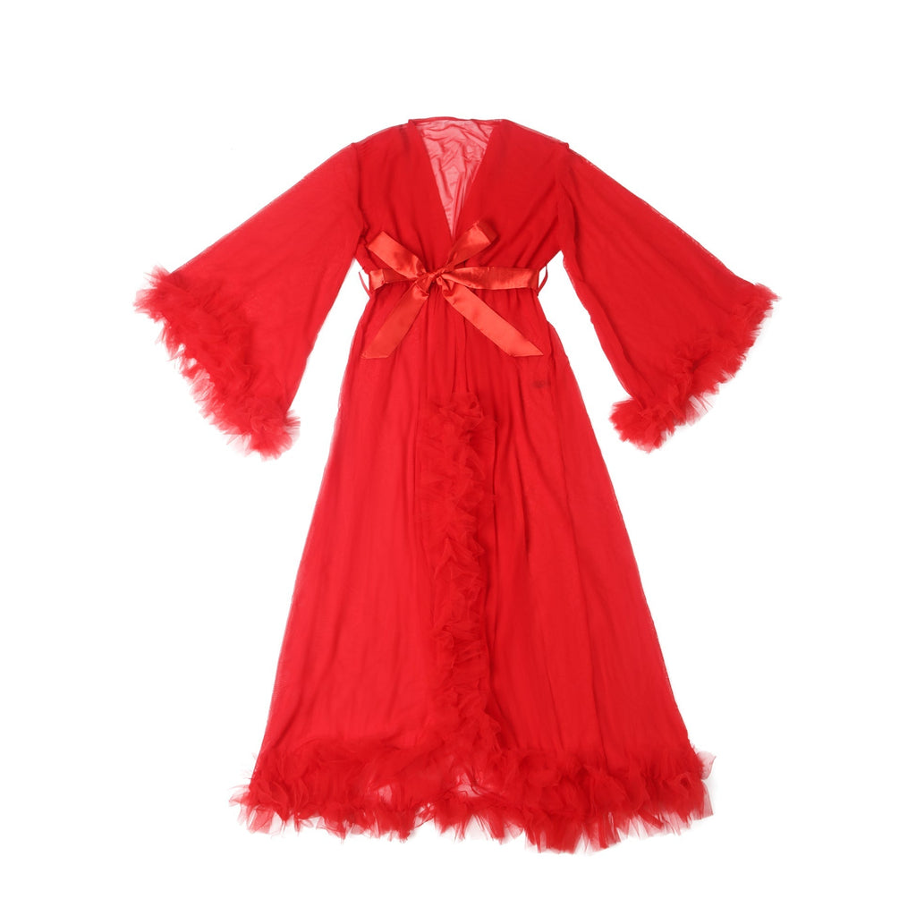 Red Nylon Mesh Robe – 3D Ruffle Cuffs & Hem, Ankle Length, Flared Sleeves & Waist Belt - TeaseFashion