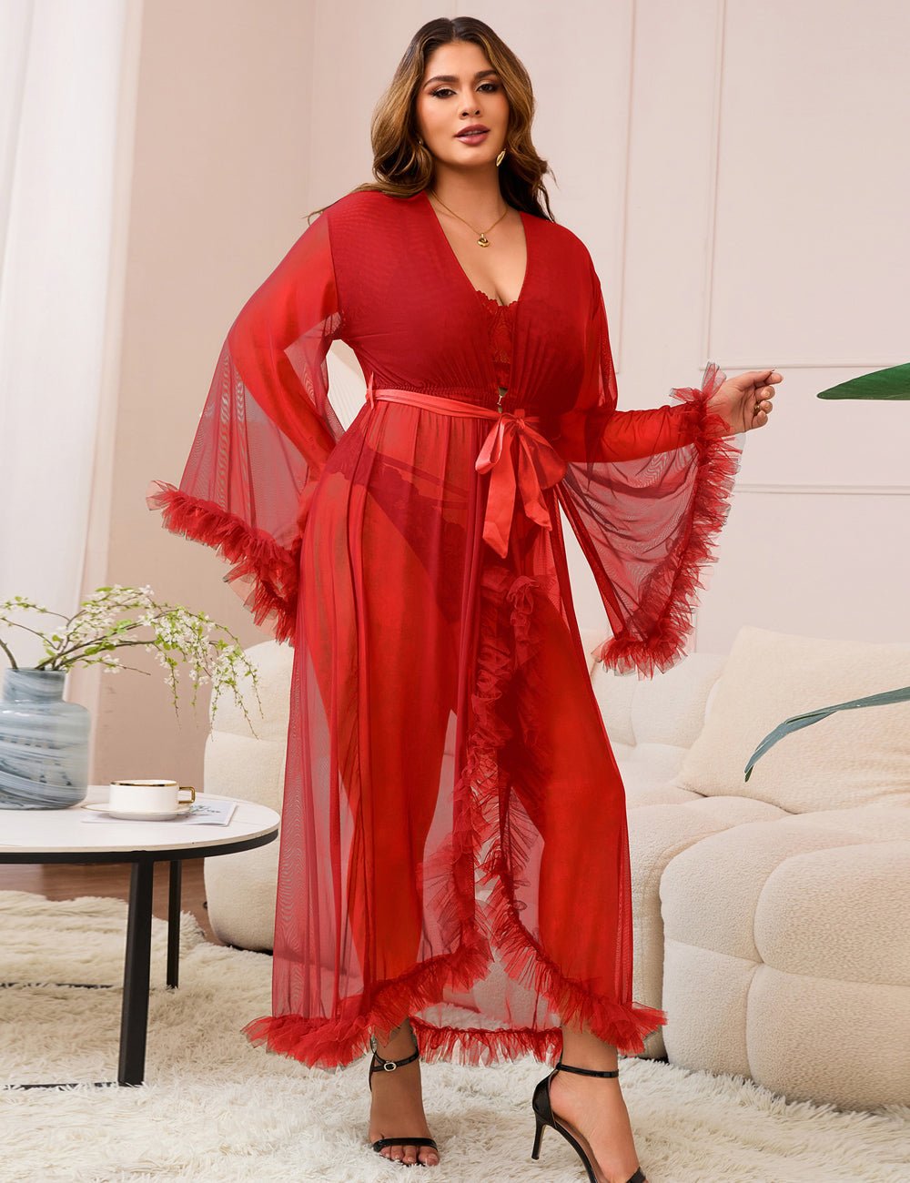 Red Nylon Mesh Robe – 3D Ruffle Cuffs & Hem, Ankle Length, Flared Sleeves & Waist Belt - TeaseFashion