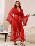 Red Nylon Mesh Robe – 3D Ruffle Cuffs & Hem, Ankle Length, Flared Sleeves & Waist Belt - TeaseFashion